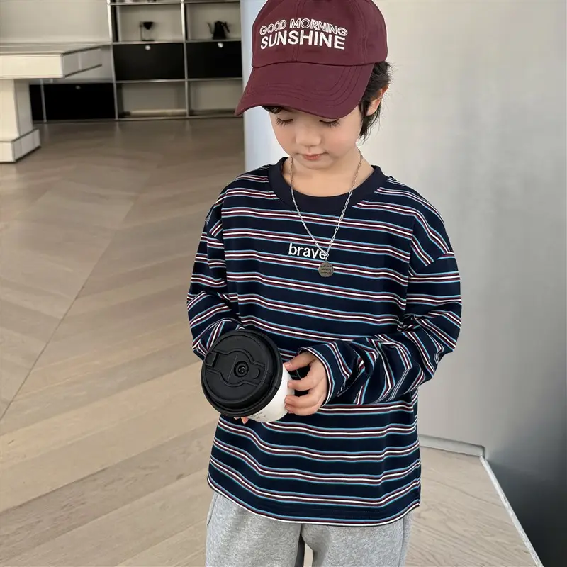 Boys Pure Cotton Long Sleeve T-Shirt Navy Blue White Stripes