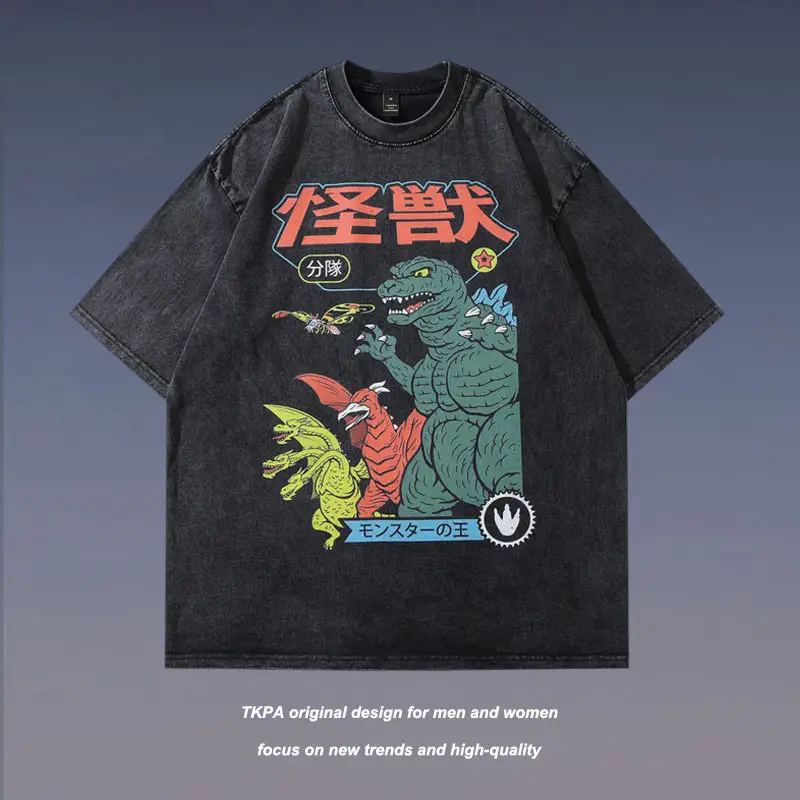 Harajuku Japanese Street Cartoon Printed Old Short-sleeved T-shirt Men's Trendy Brand Hip-hop Loose Washable Five-sleeved T-shirt - Image 5