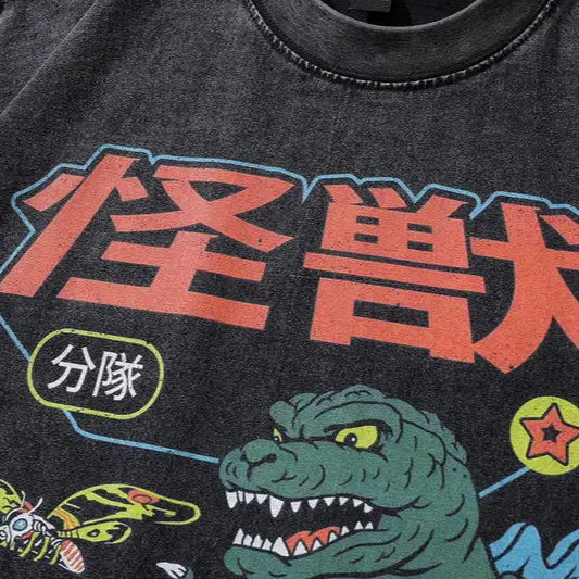 Harajuku Japanese Street Cartoon Printed Old Short-sleeved T-shirt Men's Trendy Brand Hip-hop Loose Washable Five-sleeved T-shirt - Image 6