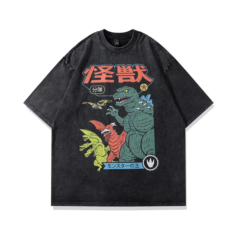 Harajuku Japanese Street Cartoon Printed Old Short-sleeved T-shirt Men's Trendy Brand Hip-hop Loose Washable Five-sleeved T-shirt - Image 8