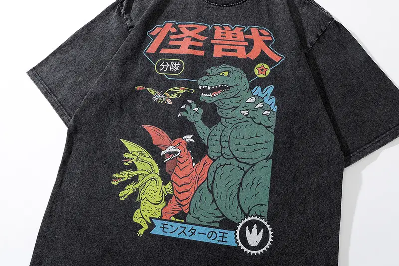 Harajuku Japanese Street Cartoon Printed Old Short-sleeved T-shirt Men's Trendy Brand Hip-hop Loose Washable Five-sleeved T-shirt — feature 16