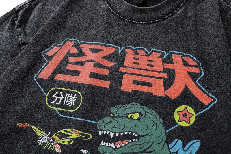 Harajuku Japanese Street Cartoon Printed Old Short-sleeved T-shirt Men's Trendy Brand Hip-hop Loose Washable Five-sleeved T-shirt — feature 17