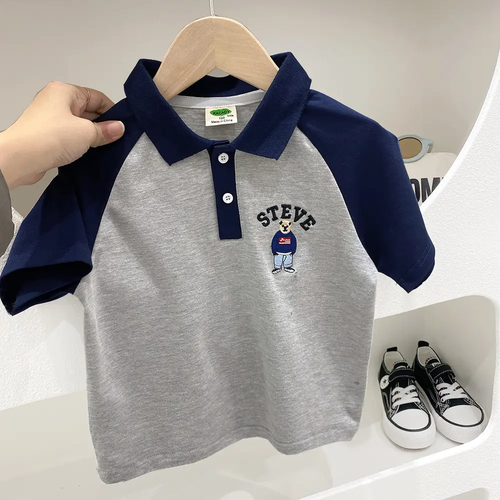 2025 Boys Polo Shirt Grey Blue Contrast Summer Wear - Image 6