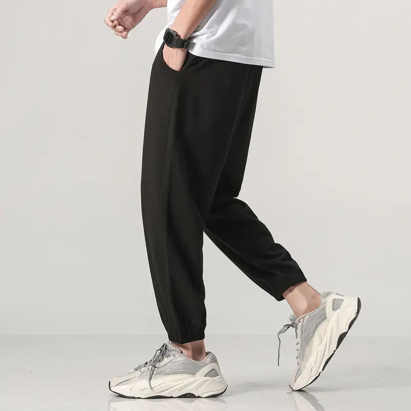 Men Cotton Eight Point Sports Pants Solid Color Wide Leg - Image 5
