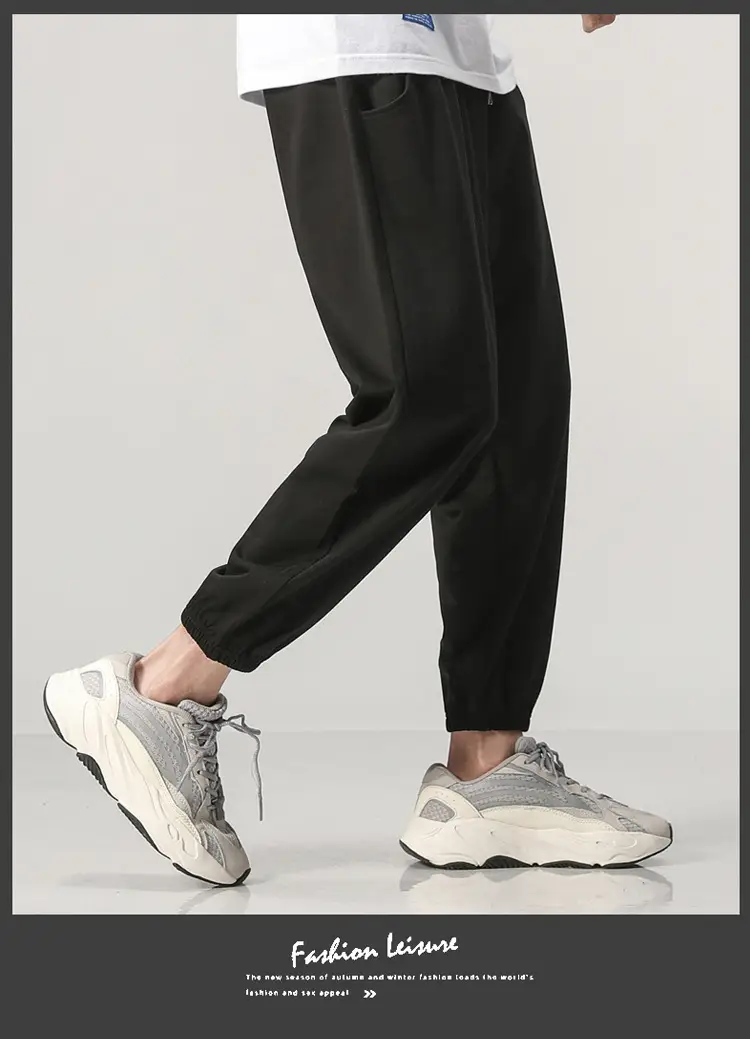 Men Cotton Eight Point Sports Pants Solid Color Wide Leg — feature 6