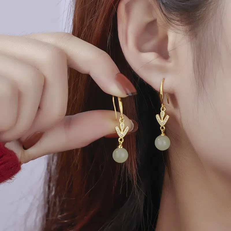 2023 Hetian Jade Leaf Earrings with Zircon - Image 3