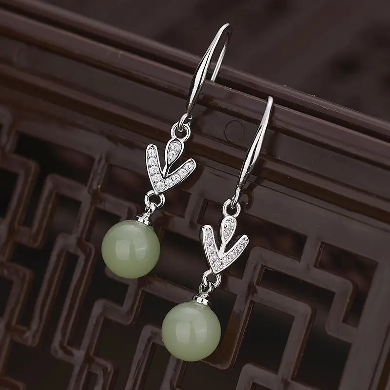 2023 Hetian Jade Leaf Earrings with Zircon - Image 4