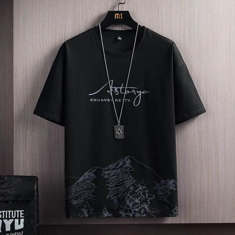 Men Black Printed T-Shirt Short Sleeve Summer Wear