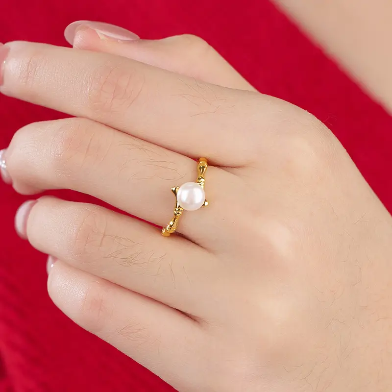 Gold Pearl Ring Adjustable White Stone - Image 2