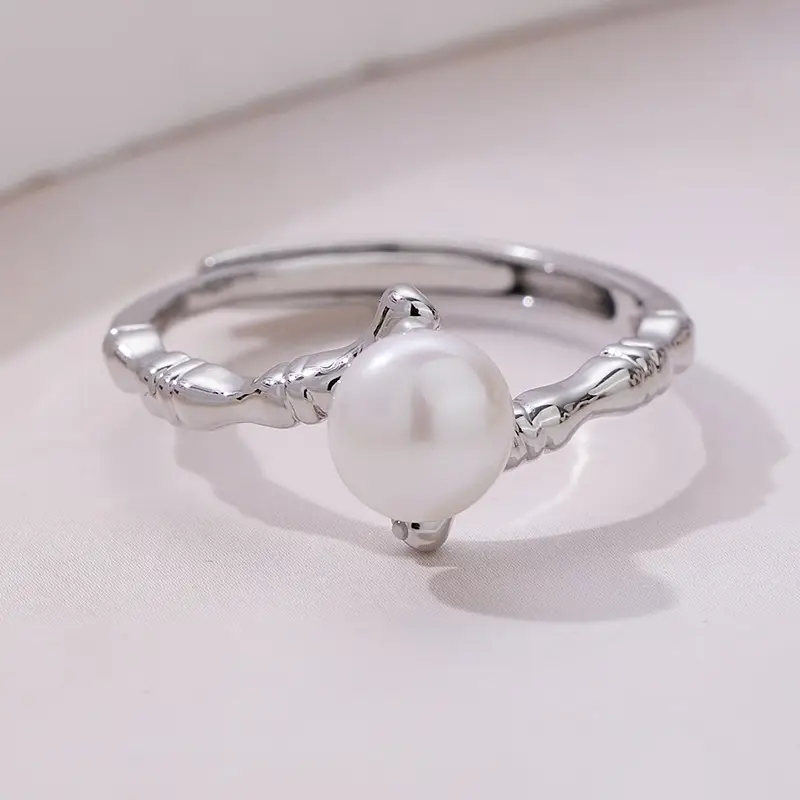 Gold Pearl Ring Adjustable White Stone - Image 4