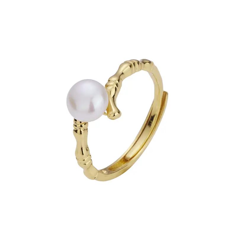 Gold Pearl Ring Adjustable White Stone - Image 5