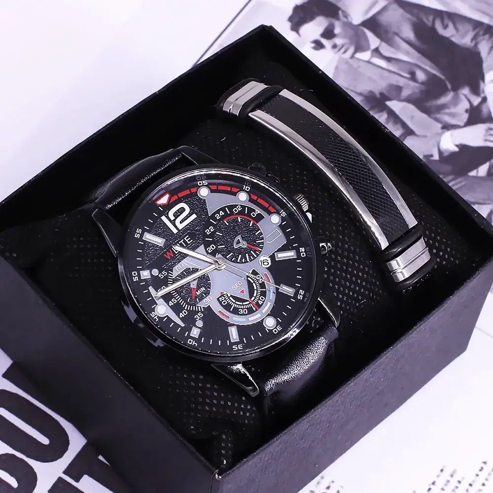 Men's Black Chronograph Watch with Gold Strap - Image 2