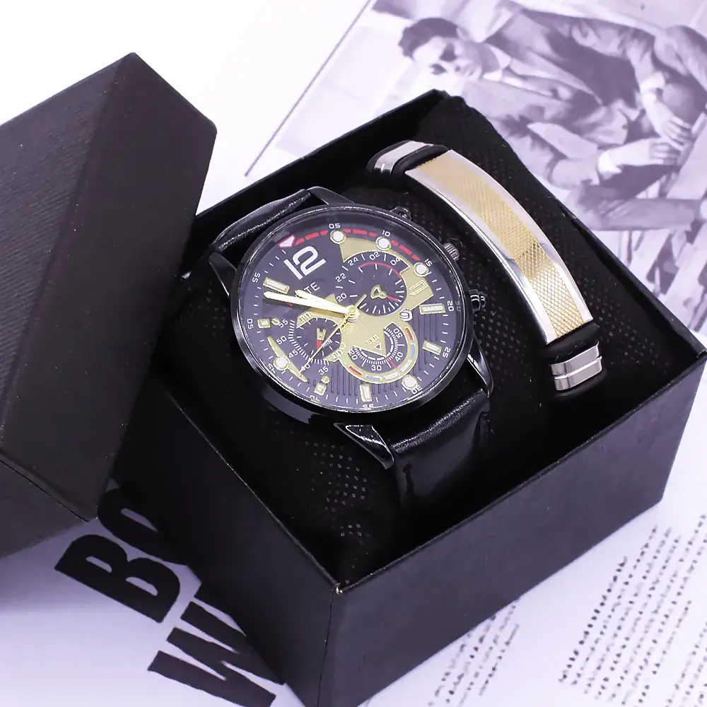 Men's Black Chronograph Watch with Gold Strap - Image 7