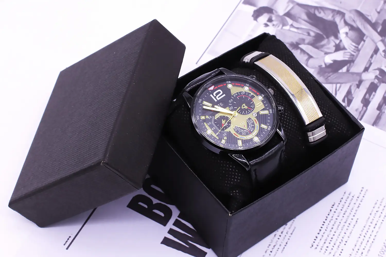 Men's Black Chronograph Watch with Gold Strap — feature 7