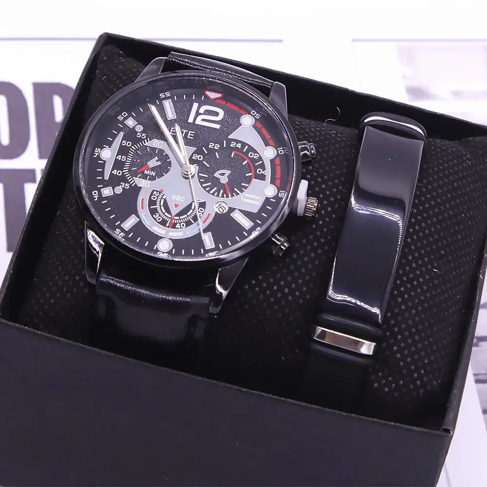 Men's Stainless Steel Chronograph Watch with Black Strap