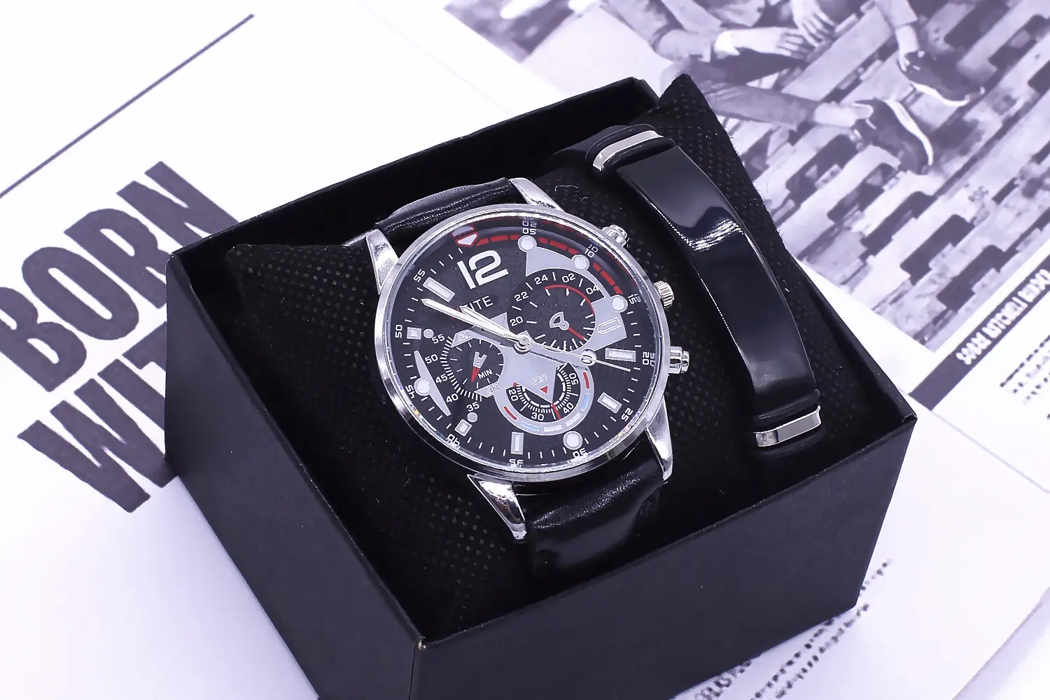 Men's Stainless Steel Chronograph Watch with Black Strap — feature 8