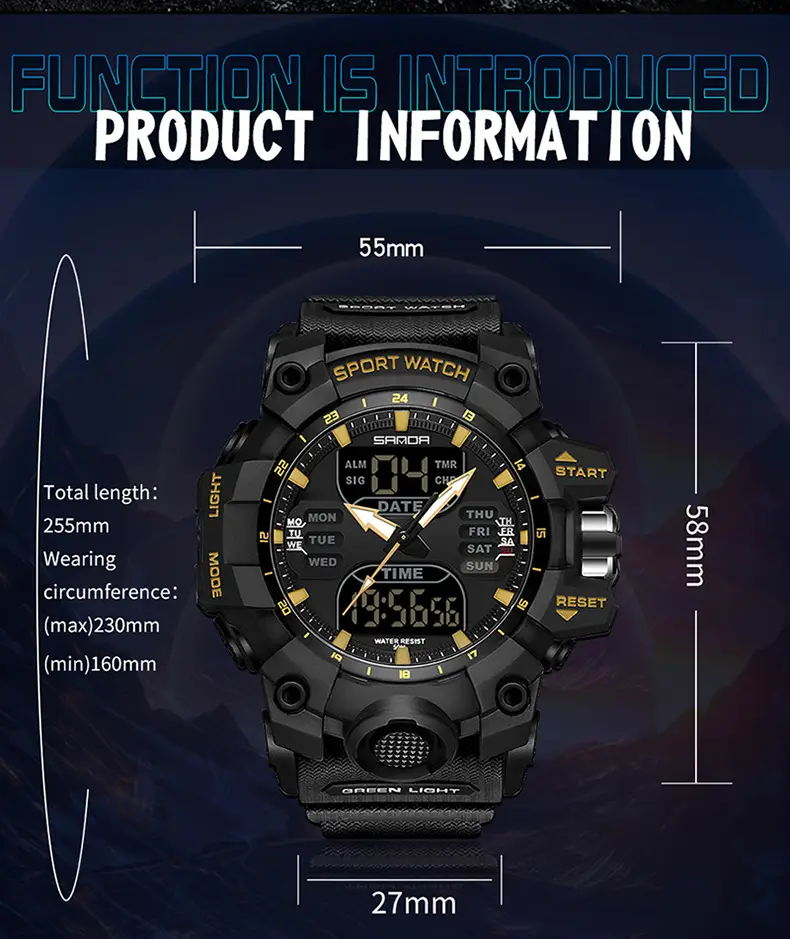 Sanda Waterproof Shockproof Men's Watch Black Digital Display — feature 36