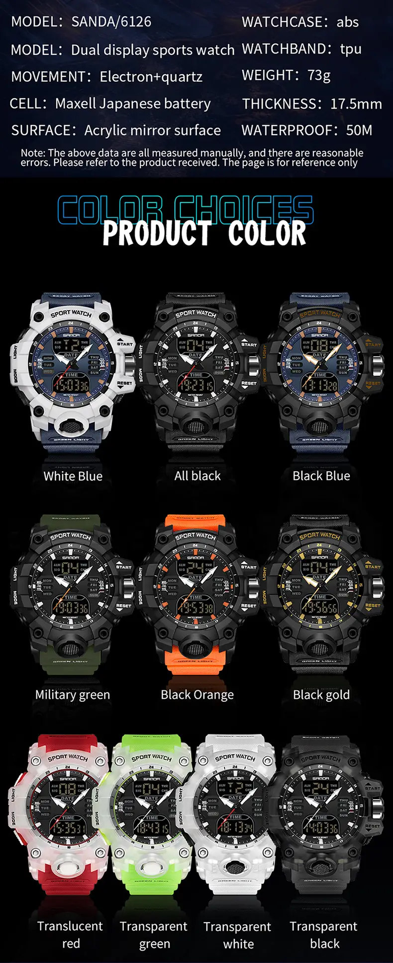 Sanda Waterproof Shockproof Men's Watch Black Digital Display — feature 37