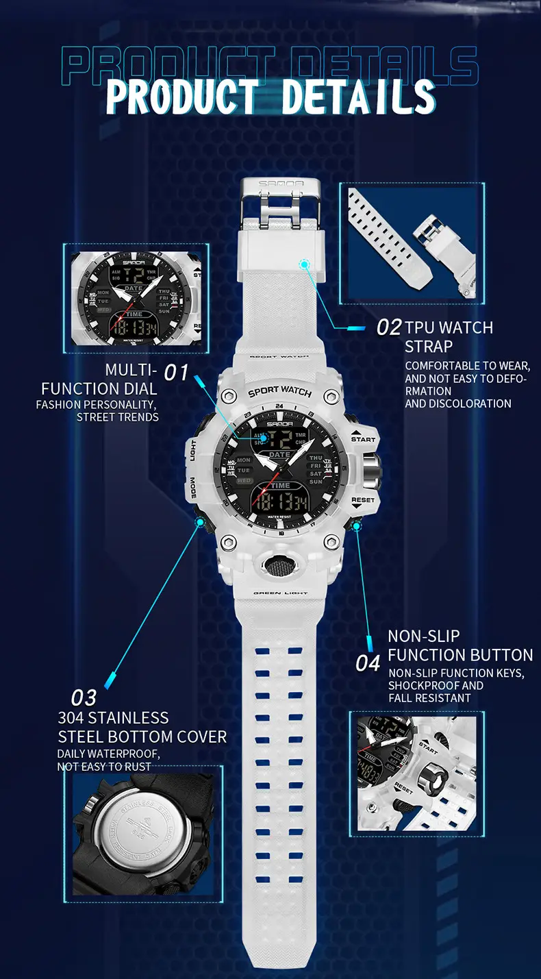 Sanda Waterproof Shockproof Men's Watch Black Digital Display — feature 48