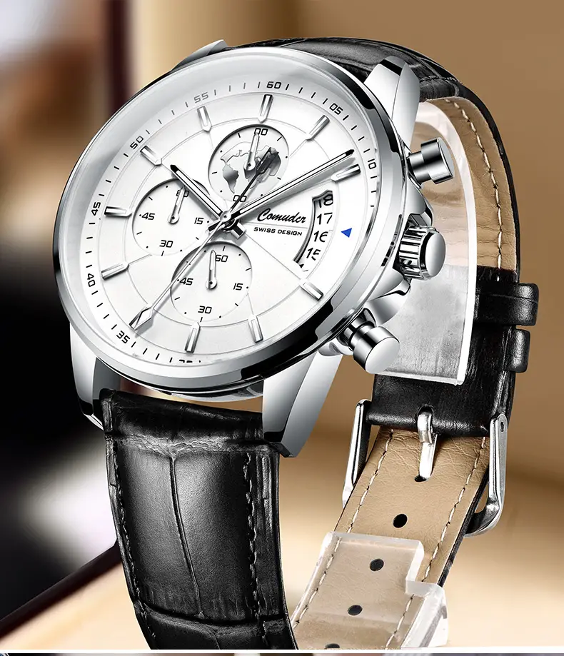 Men's Rose Gold Quartz Watch with Luminous Dial & Leather Strap — feature 1