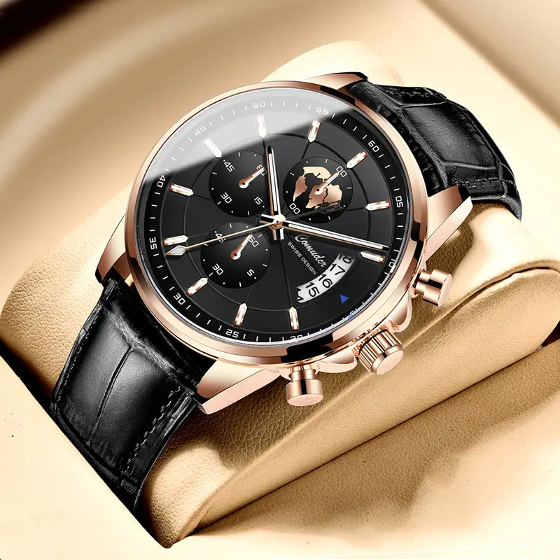 Men's Rose Gold Quartz Watch with Luminous Dial & Leather Strap - Image 3