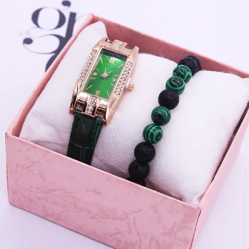 Rose Gold Green Dial Women's Watch with Diamond Bracelet