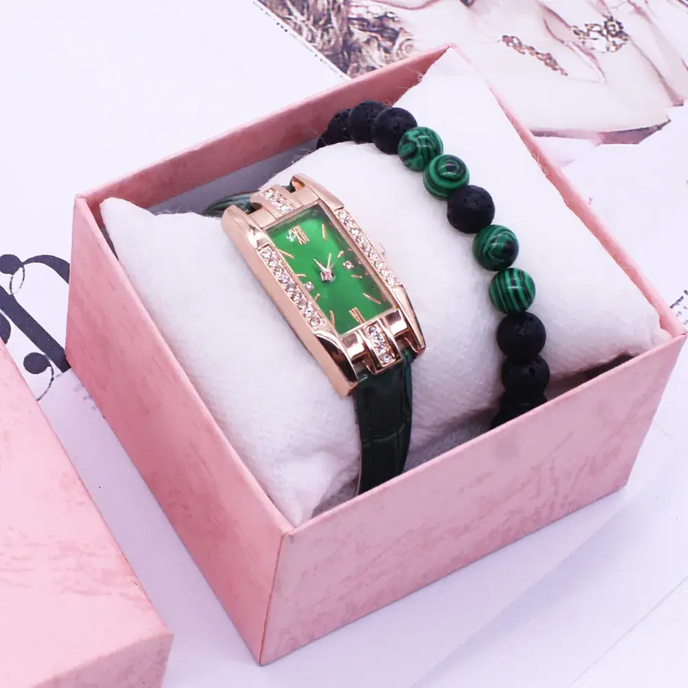 Rose Gold Green Dial Women's Watch with Diamond Bracelet