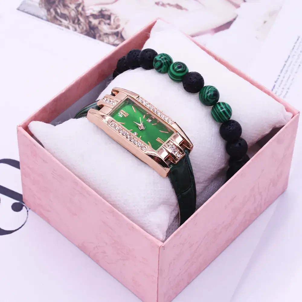 Rose Gold Green Dial Women's Watch with Diamond Bracelet
