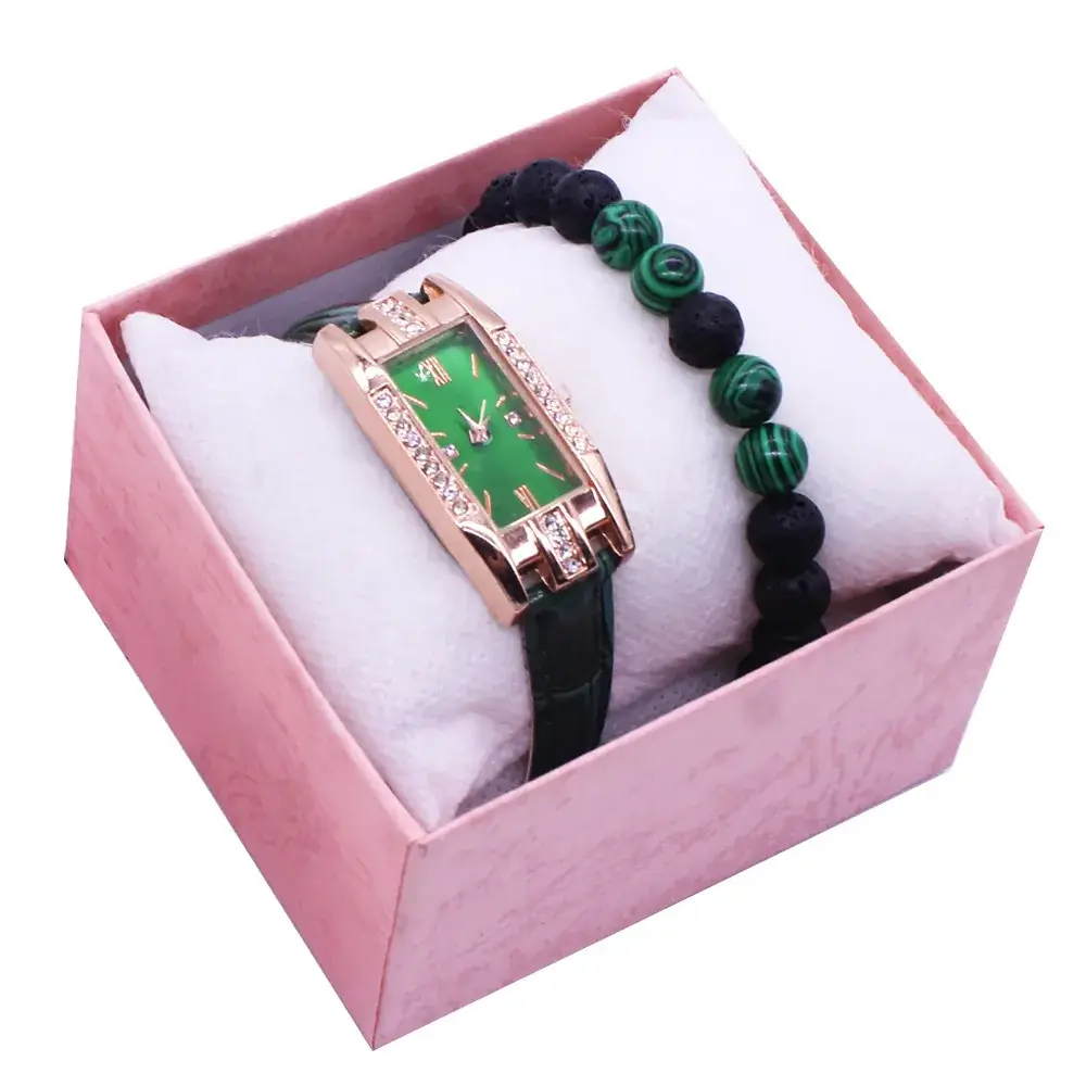 Rose Gold Green Dial Women's Watch with Diamond Bracelet