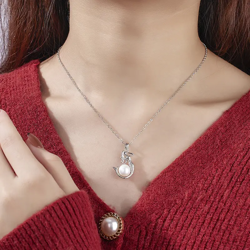 Golden Mermaid Pearl Pendant Necklace for Women