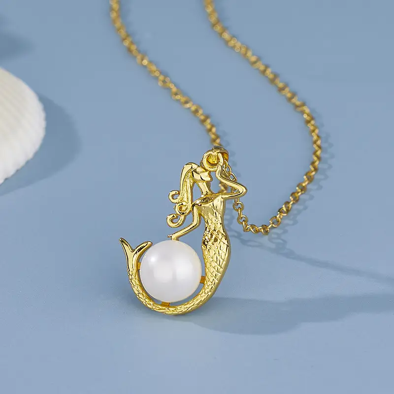 Golden Mermaid Pearl Pendant Necklace for Women