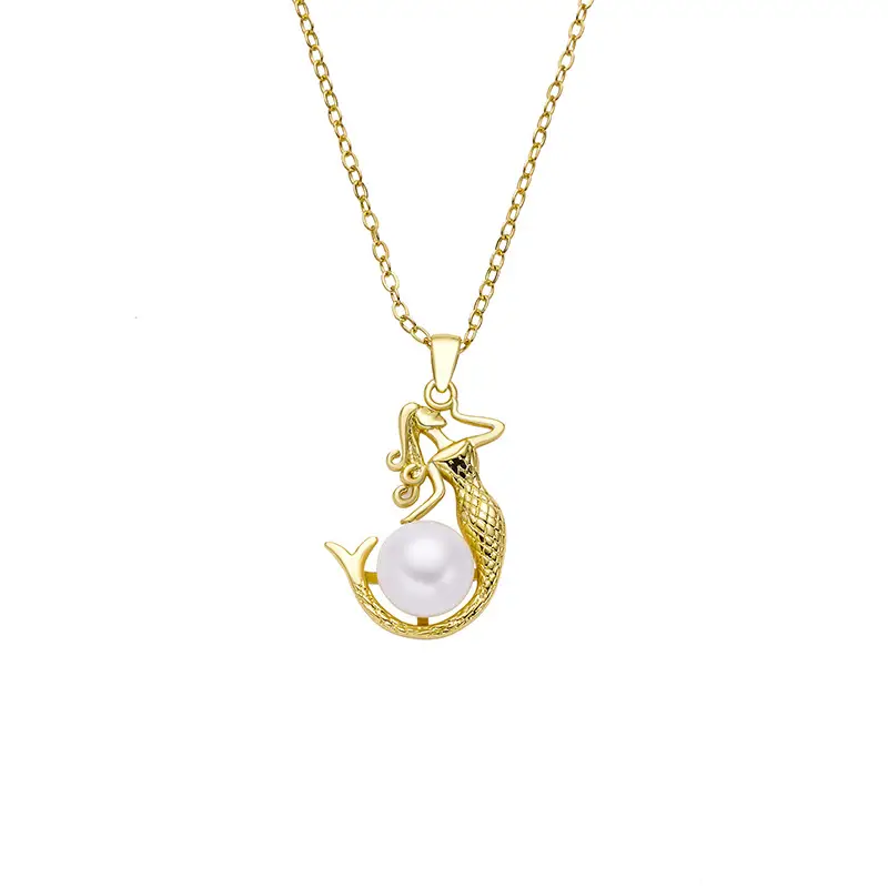 Golden Mermaid Pearl Pendant Necklace for Women
