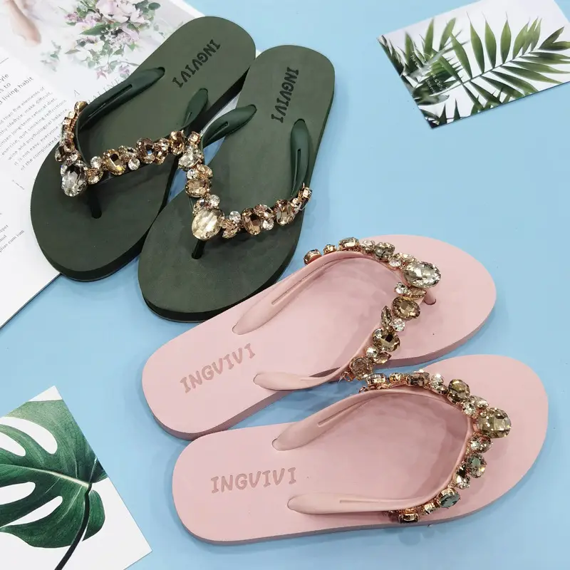 Women Rhinestone Flip Flops Black Gold Heel