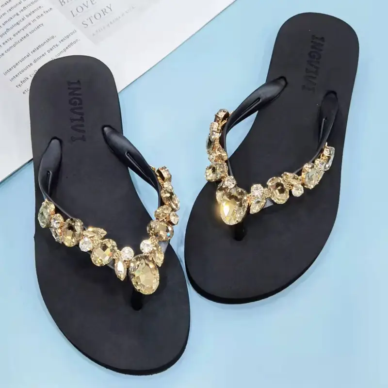 Women Rhinestone Flip Flops Black Gold Heel
