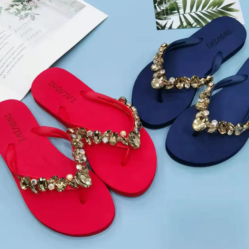 Women Rhinestone Flip Flops Black Gold Heel