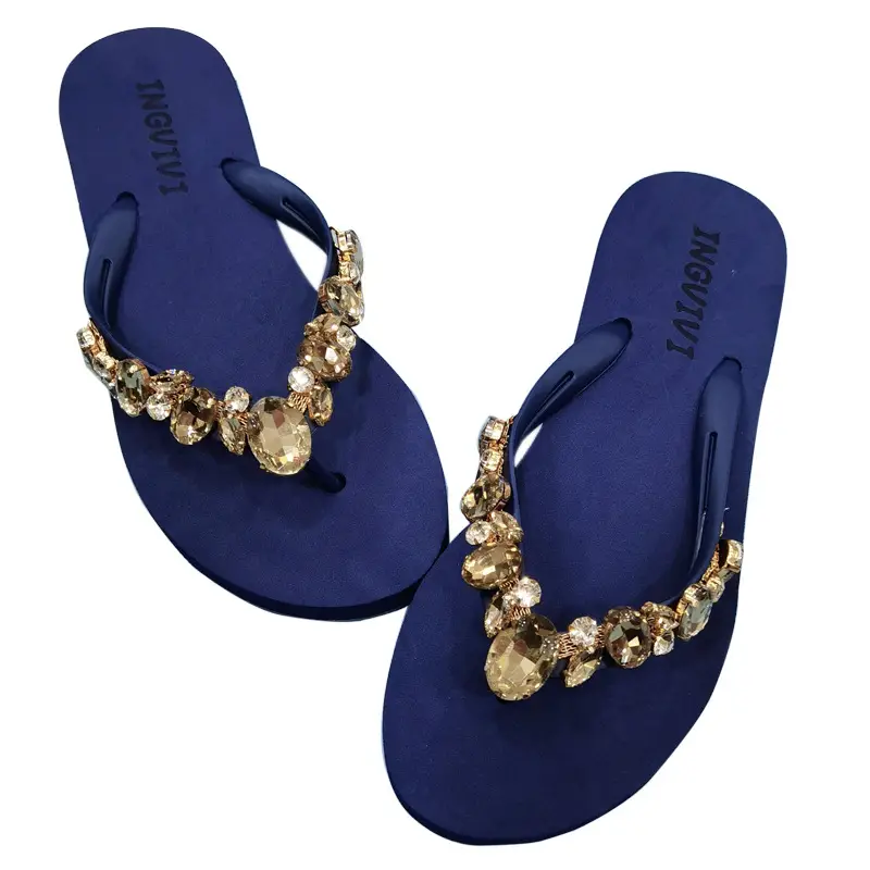 Women Rhinestone Flip Flops Black Gold Heel