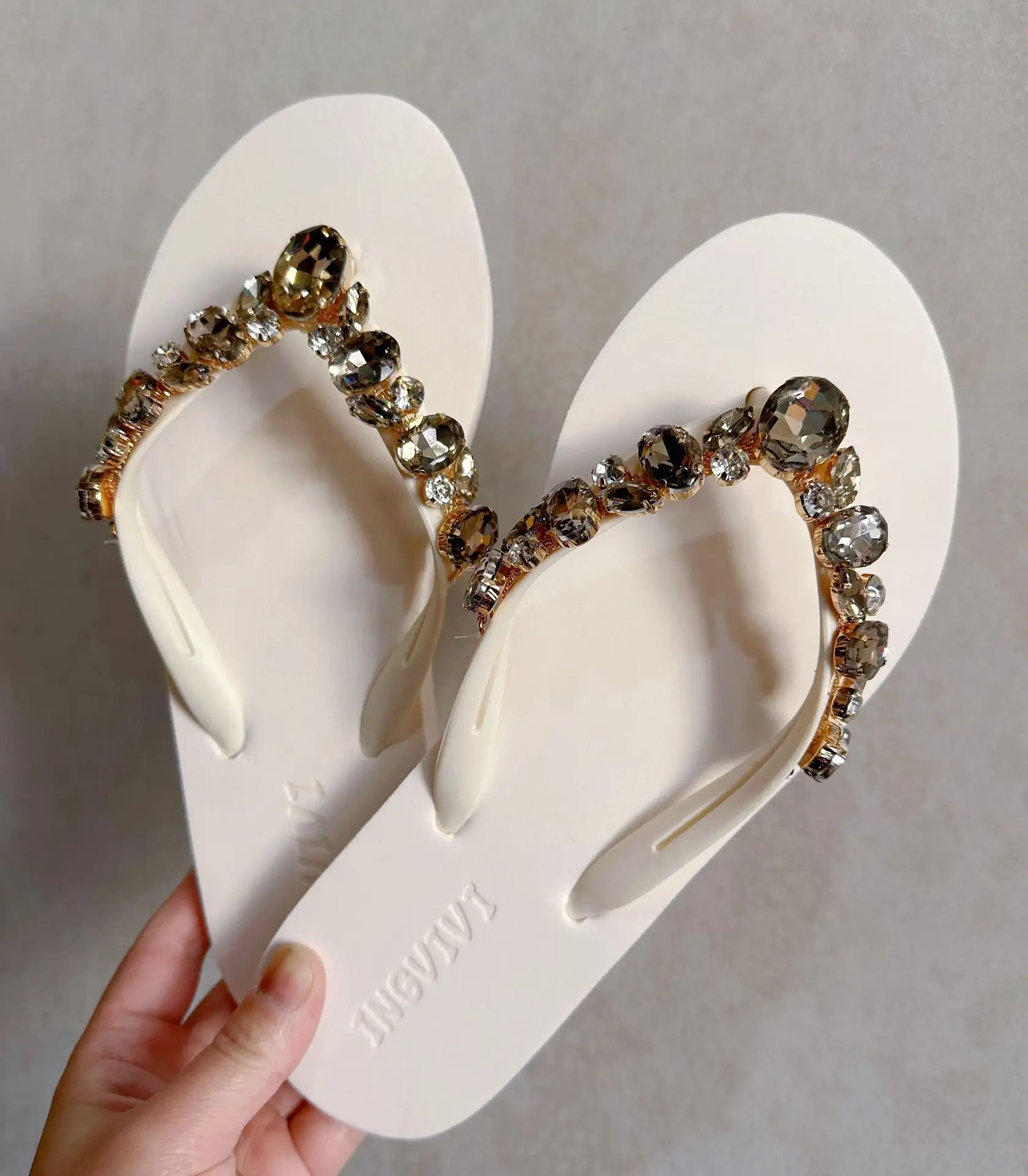 Women Rhinestone Flip Flops Black Gold Heel
