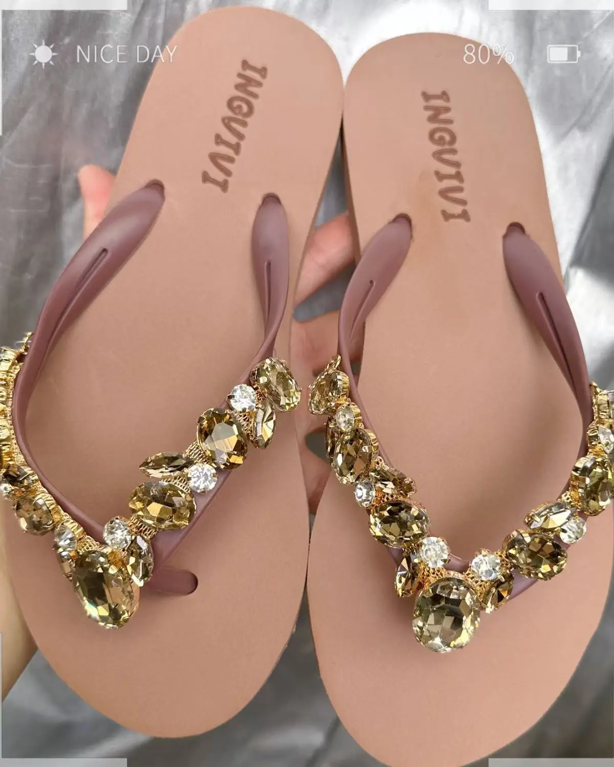 Women Rhinestone Flip Flops Black Gold Heel