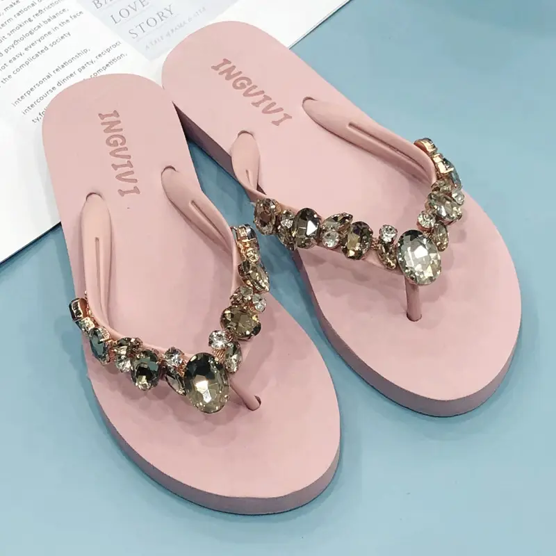 Women Rhinestone Flip Flops Black Gold Heel