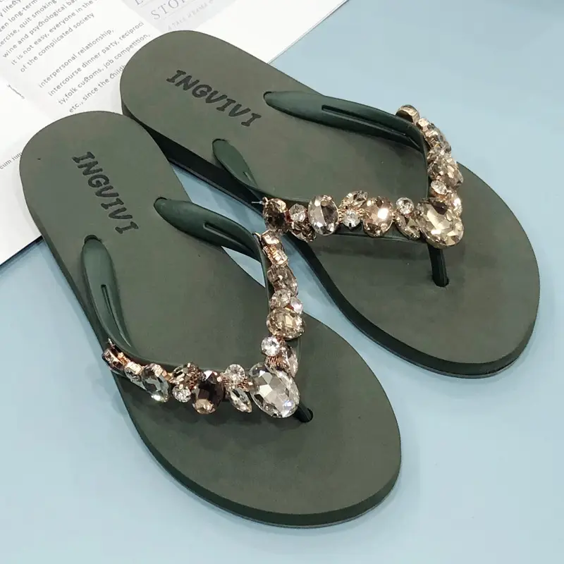 Women Rhinestone Flip Flops Black Gold Heel