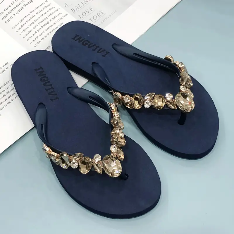 Women Rhinestone Flip Flops Black Gold Heel