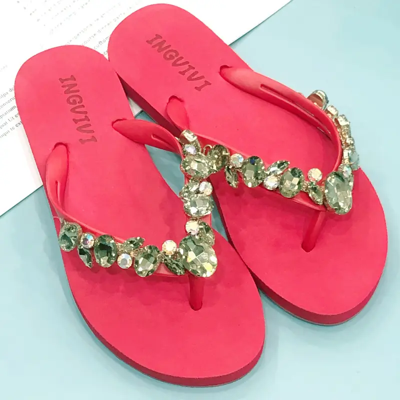 Women Rhinestone Flip Flops Black Gold Heel