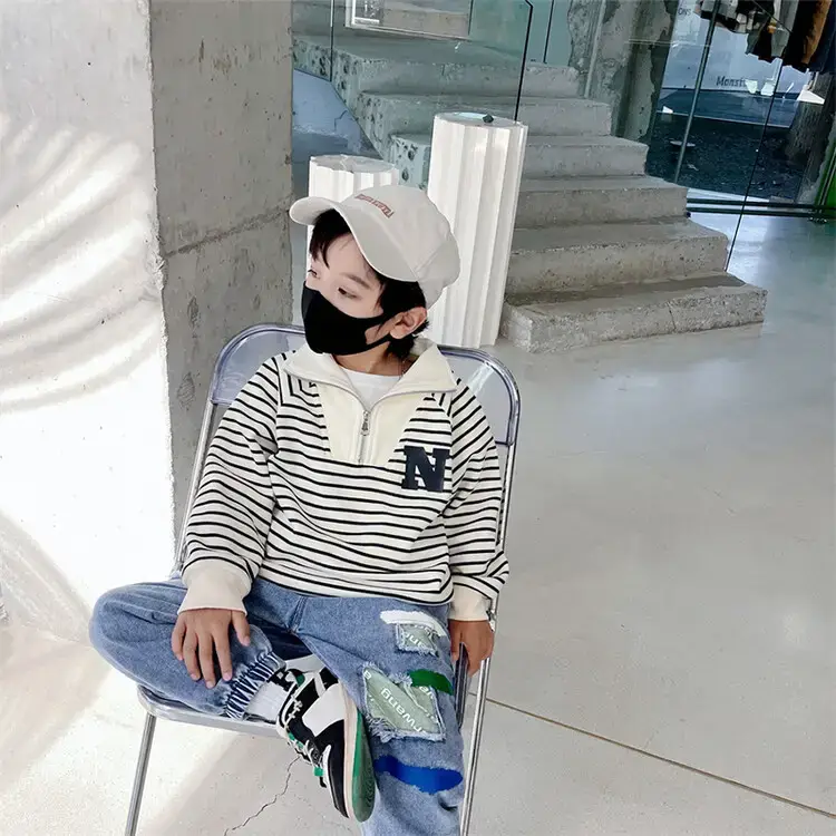 2655 Boys Long Sleeve T-Shirt Black White Striped 2026 — feature 2