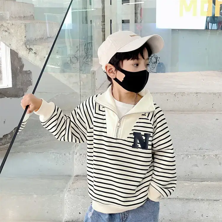 2655 Boys Long Sleeve T-Shirt Black White Striped 2026 — feature 3