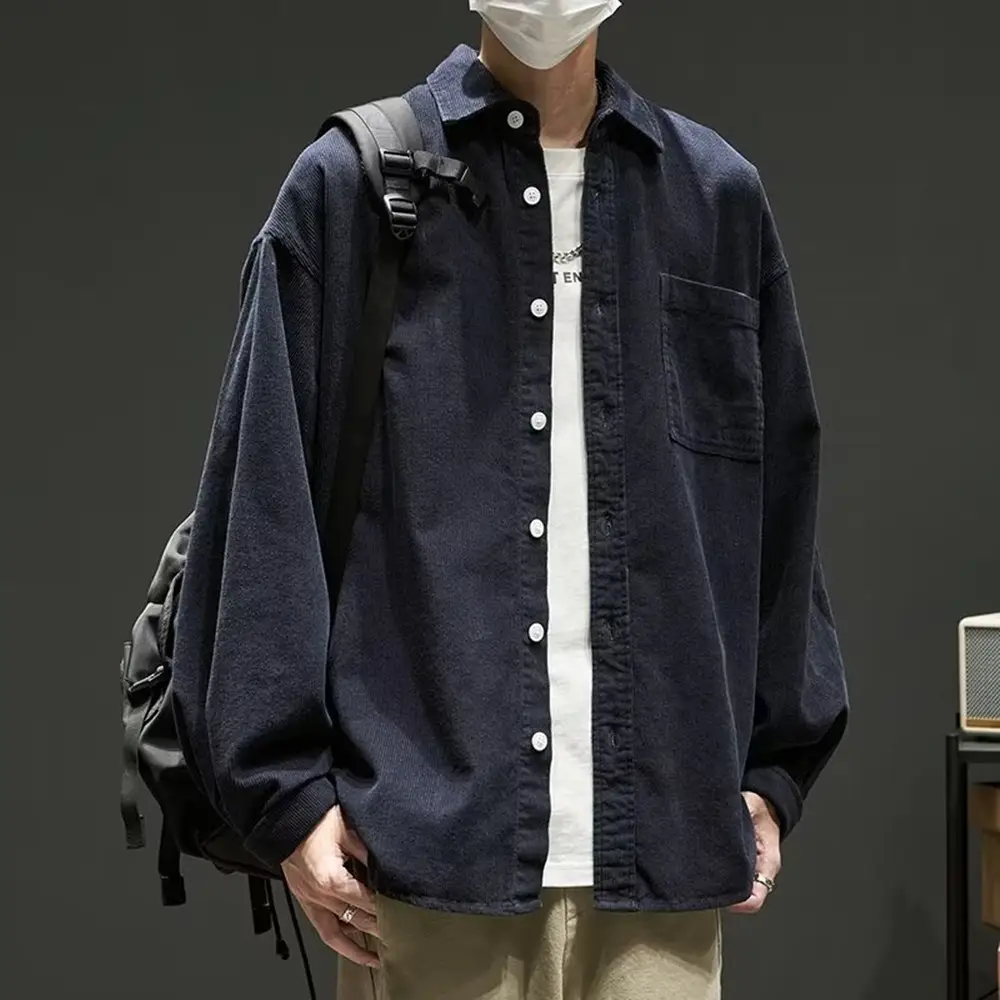 Men Navy Blue Long Sleeve Button Down Shirt Loose Fit - Image 2