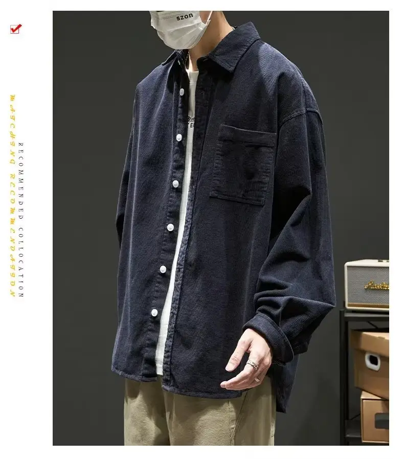 Men Navy Blue Long Sleeve Button Down Shirt Loose Fit — feature 1