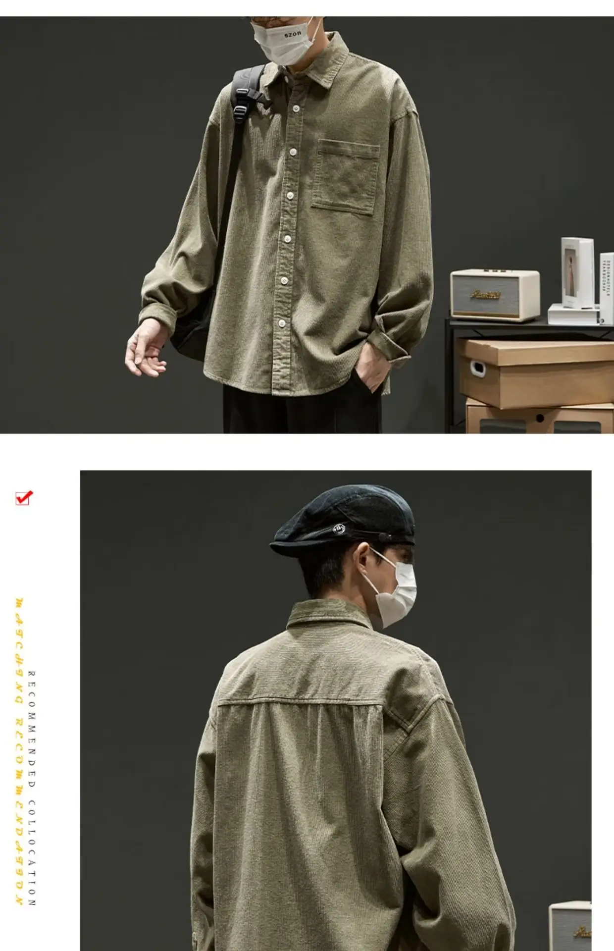 Men Navy Blue Long Sleeve Button Down Shirt Loose Fit — feature 11