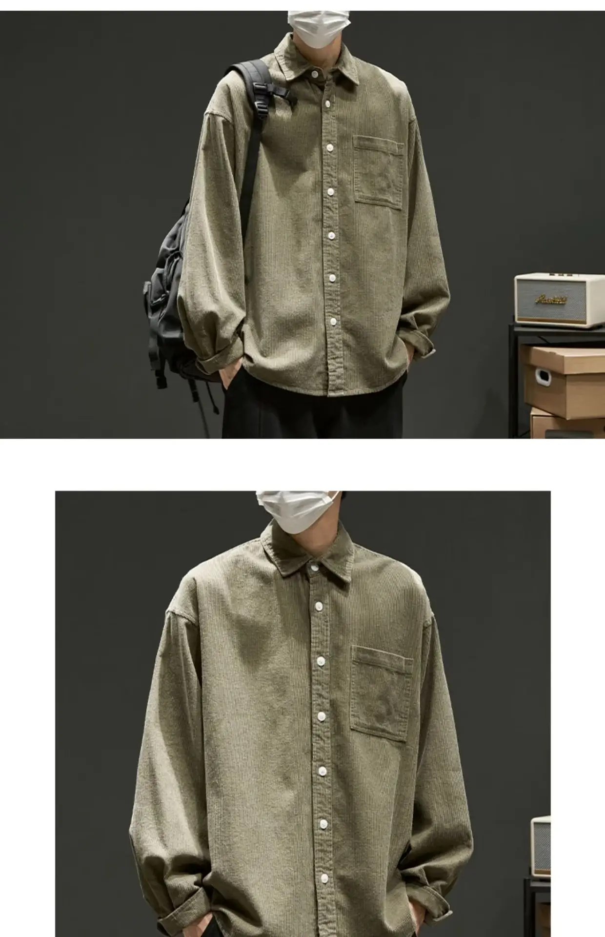 Men Navy Blue Long Sleeve Button Down Shirt Loose Fit — feature 12