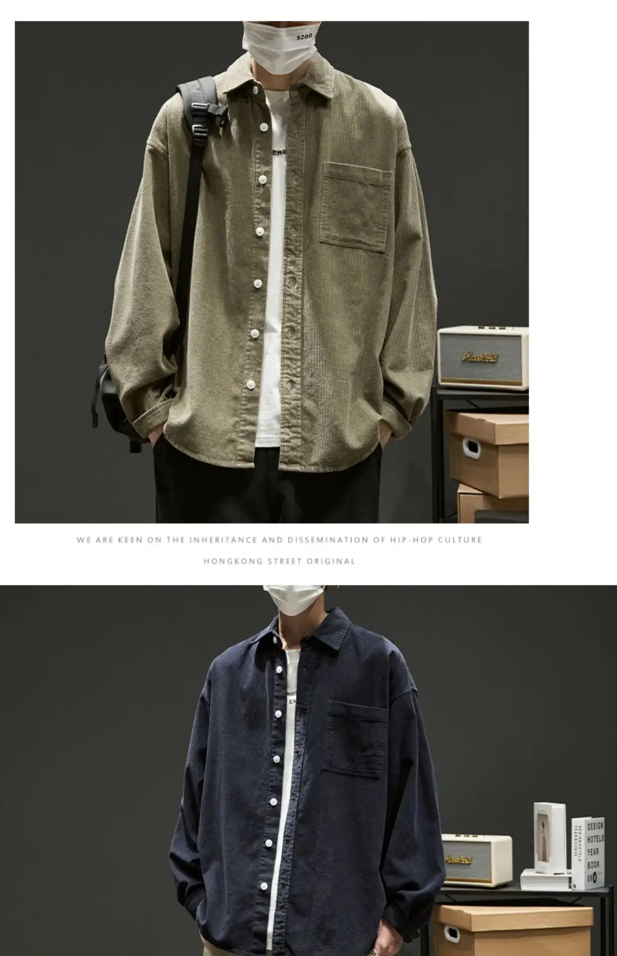 Men Navy Blue Long Sleeve Button Down Shirt Loose Fit — feature 15