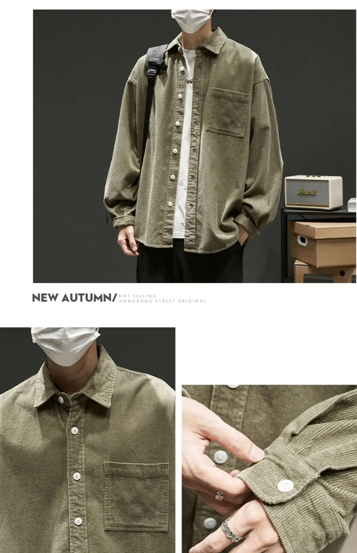 Men Navy Blue Long Sleeve Button Down Shirt Loose Fit — feature 16